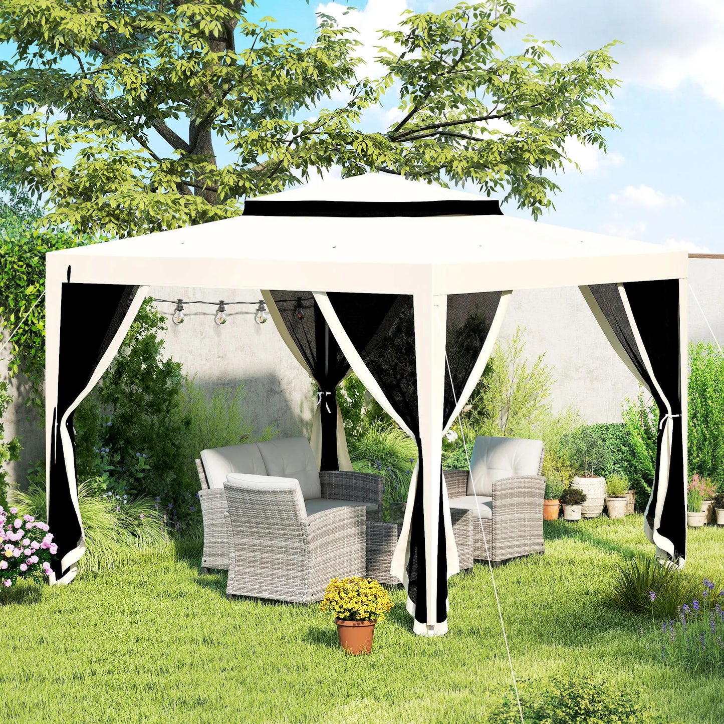 10' x 10' Outdoor Canopy Tent, Mesh Netting, Double Tier Roof, Cream White Gazebos at Gallery Canada