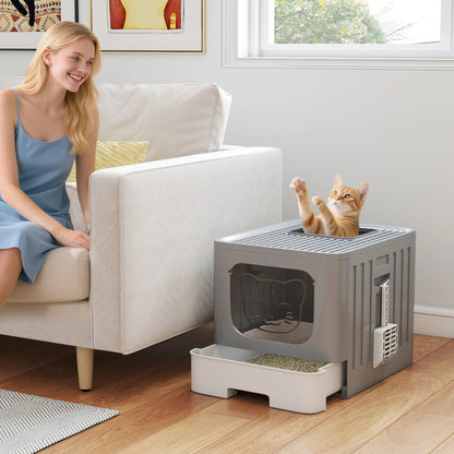 Foldable Cat Litter Box With Lid, Slide-Out Drawer, Scoop, Easy Clean, Grey Cat Litter Box Enclosures at Gallery Canada