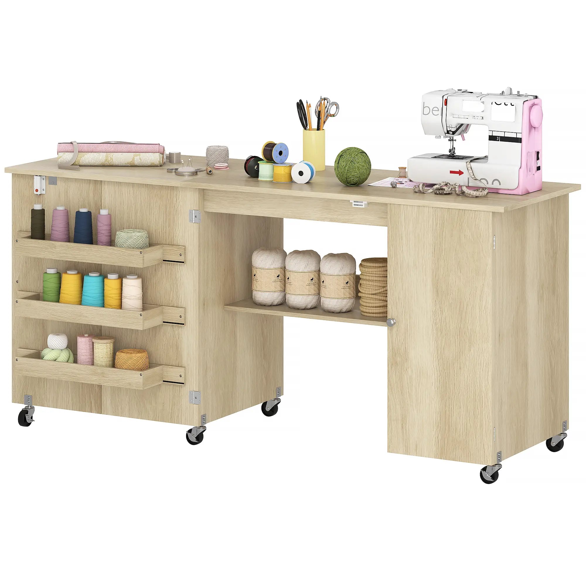 Sewing Machine Table, Drop Leaf, 2 Doors, Adjustable Shelf, Natural Sewing Cabinets Natural at Gallery Canada