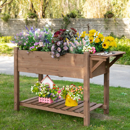 Raised Garden Bed, 8 Grids with Storage Shelf, Elevated Planter Box, Brown