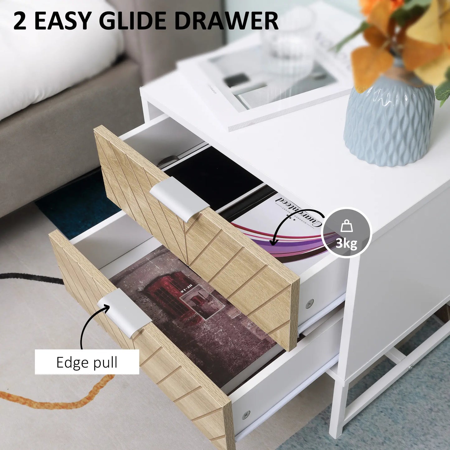Modern Bedside Table, 2 Drawers, Steel Frame, Oak, White Bedside Tables at Gallery Canada