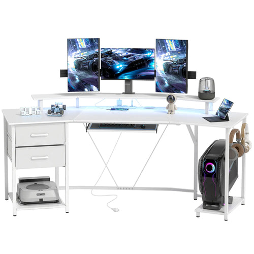 79 Inch Gaming Desk With RGB Lights, Power Outlets, USB Ports, White