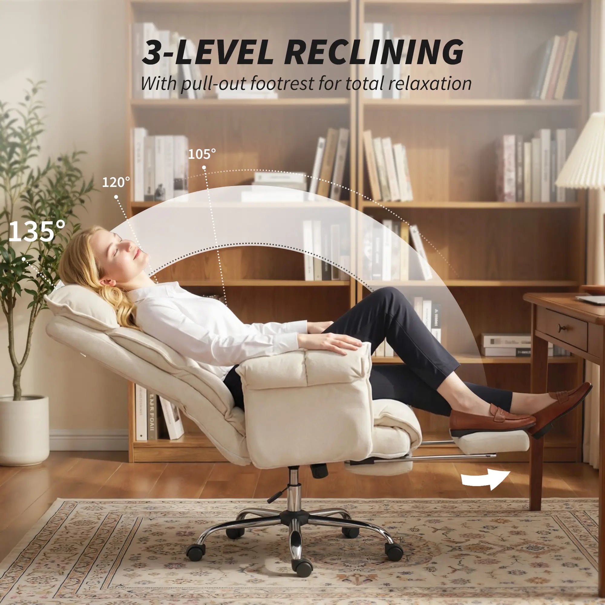 Desk Chair With Footrest, Adjustable Backrest, Cream White, Cream White Executive & Manager Chairs at Gallery Canada