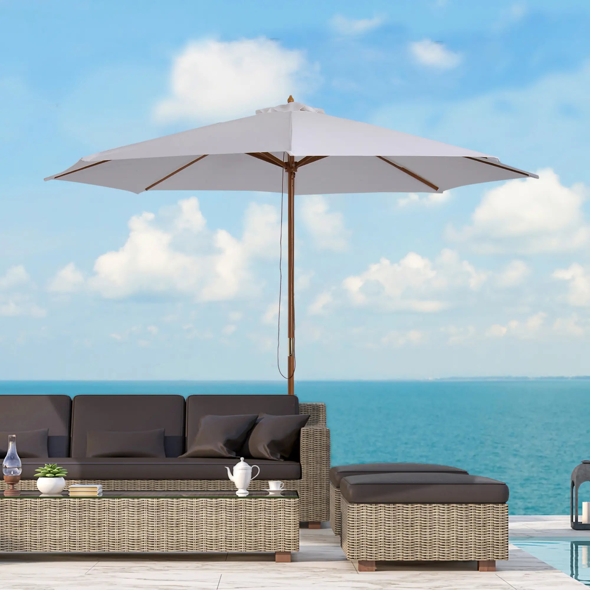 10' x 8' Bamboo Round Patio Umbrella, White Sun Umbrellas at Gallery Canada