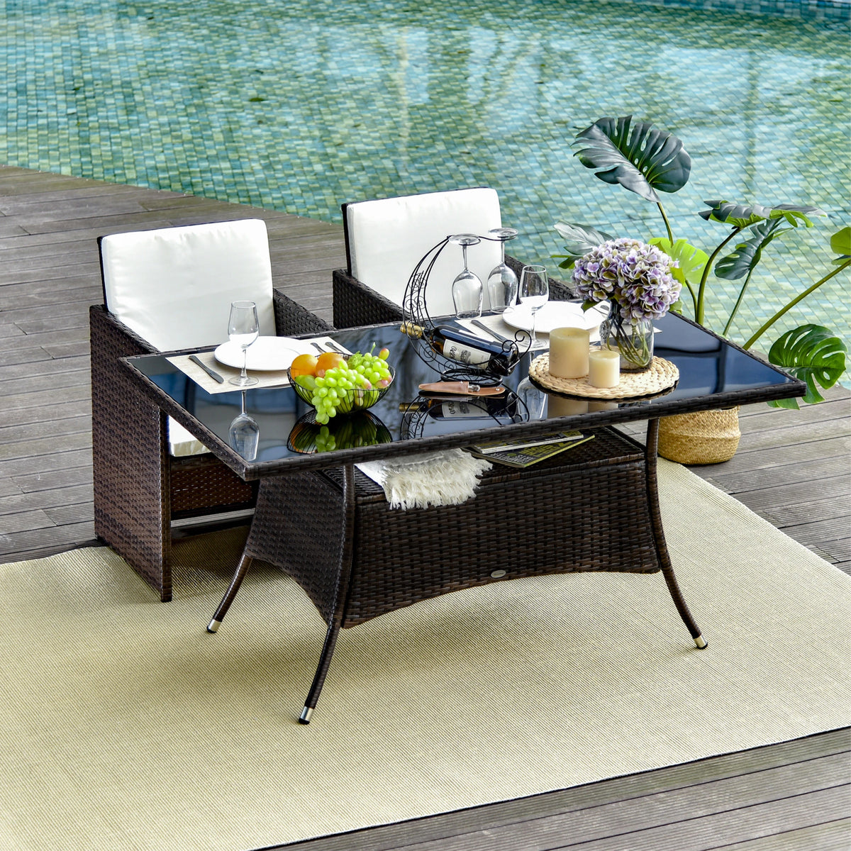 Patio Rattan Dining Table With Glass Top, 59x34x29, Brown Patio Dinning Tables at Gallery Canada