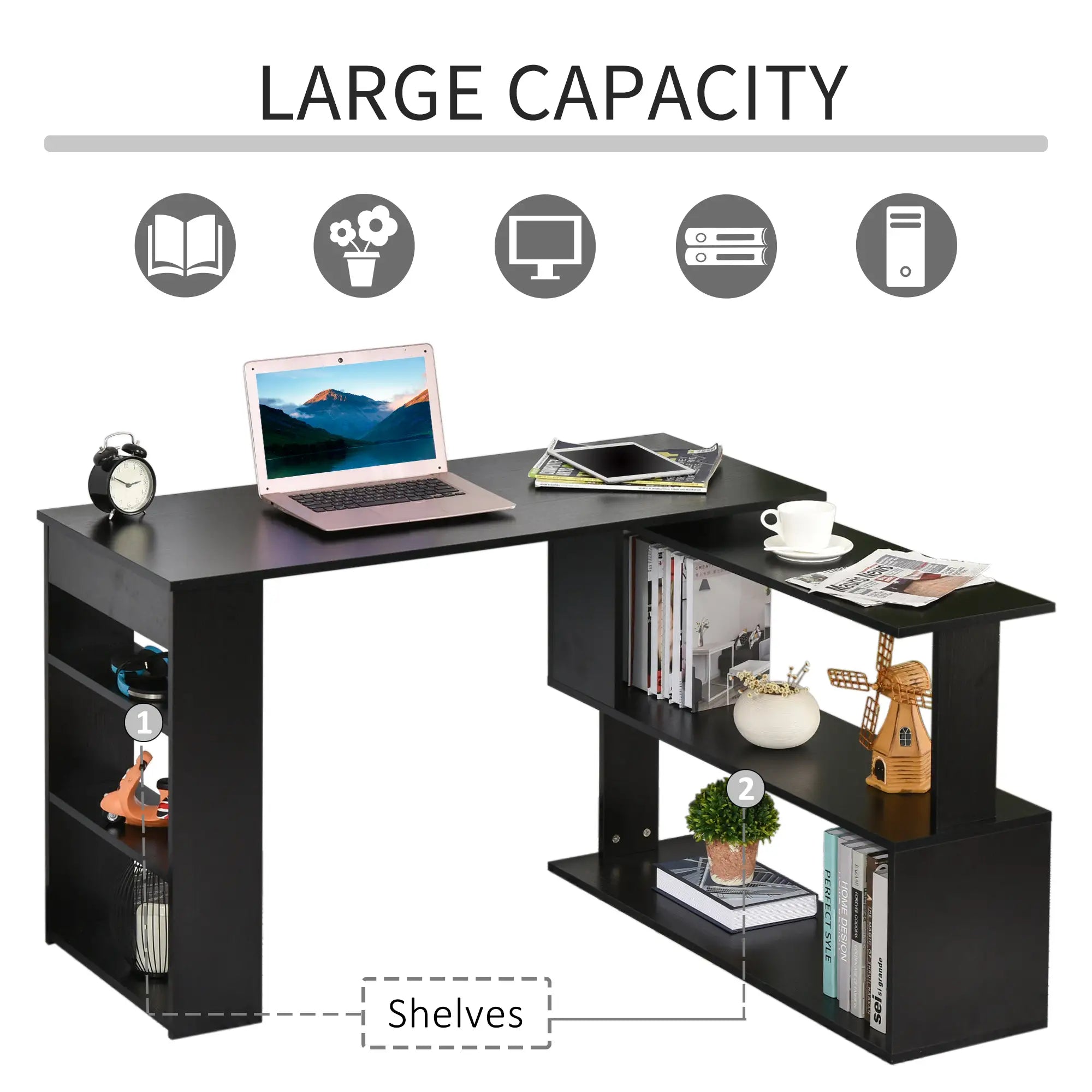 L Shaped Desk, 360° Rotating Corner, Computer Writing Table, Black Writing Desks at Gallery Canada