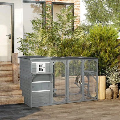 Wooden Cat Catio, 76"L Outdoor Cat House, Asphalt Roof, Light Grey Outdoor Cat Enclosures at Gallery Canada