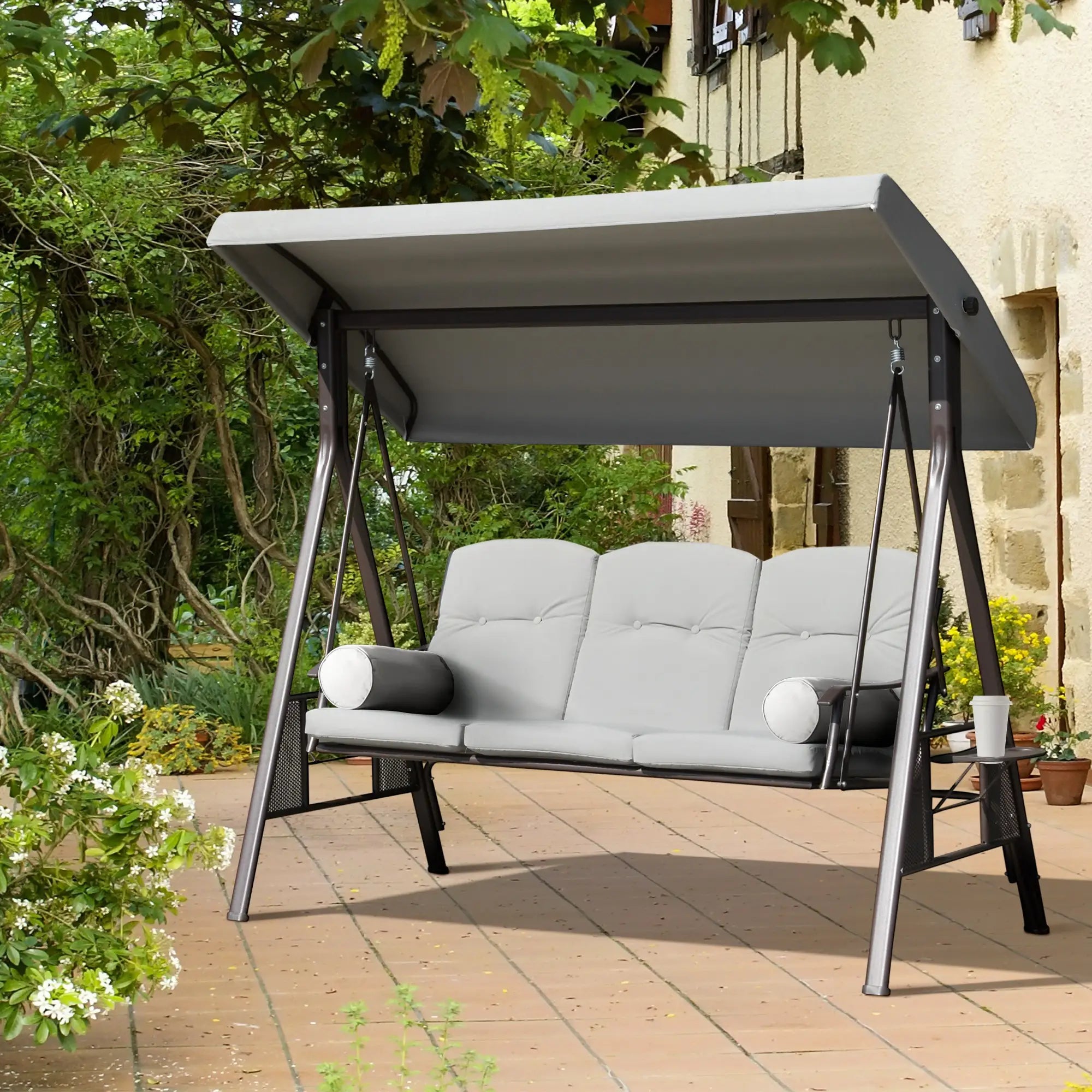 3-Person Steel Canopy Swing, Cushioned Seat, Light Grey Patio Swings with Stand at Gallery Canada