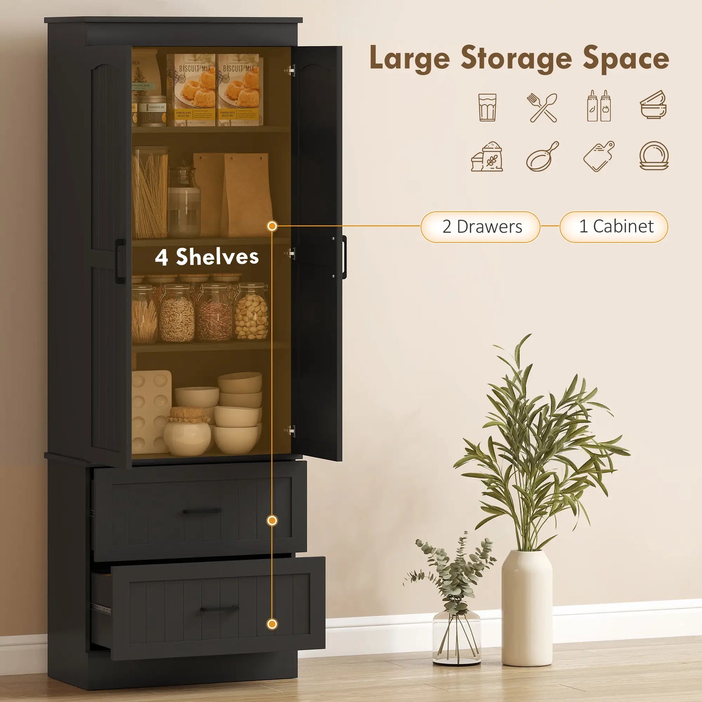 Tall Pantry Cabinet, 67", Kitchen Storage with Adjustable Shelves, Black Kitchen Pantry Cabinets at Gallery Canada