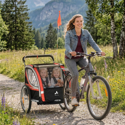 2 Seat Bike Trailer, Double Jogging Stroller, Handbrake, Red