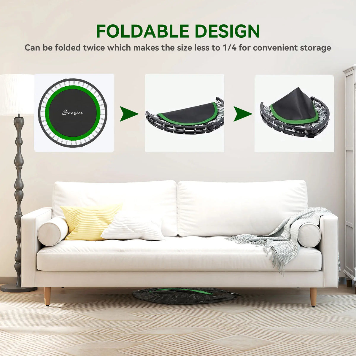 40" Foldable Mini Fitness Trampoline, Adjustable Foam Handle, Green Trampolines at Gallery Canada