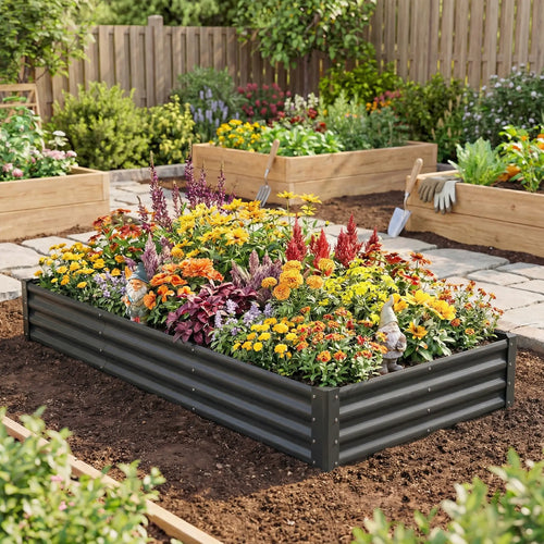 8x4x1ft Galvanized Raised Garden Bed, Reinforced Planter Box, Dark Grey