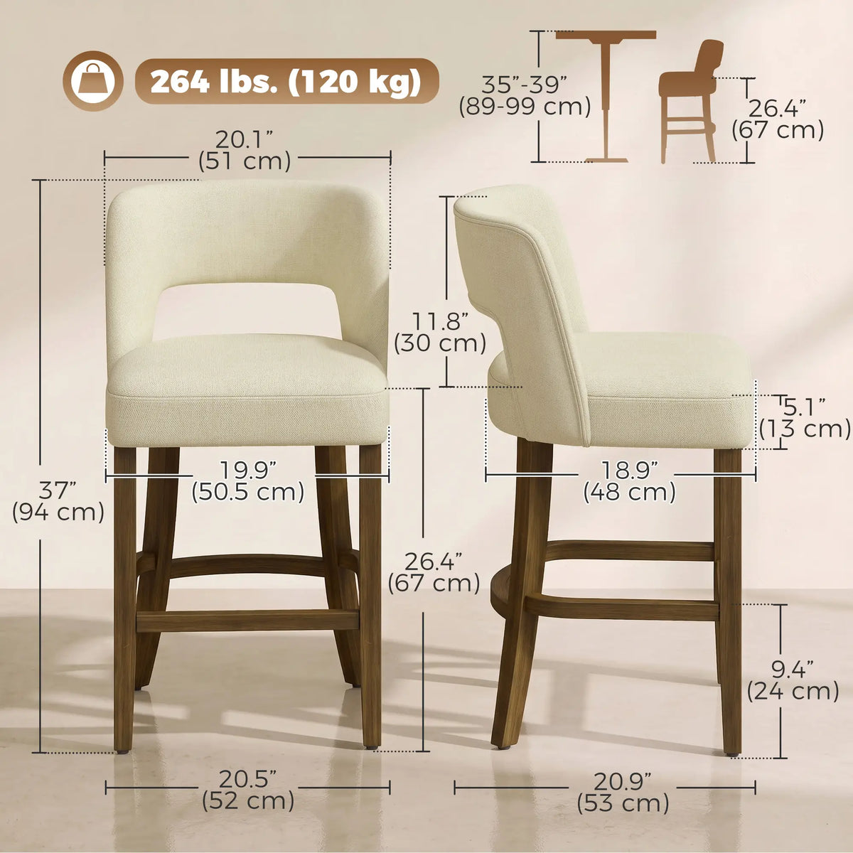 Bar Stools Set of 2, 26" Counter Height, Beige Bar Stools at Gallery Canada