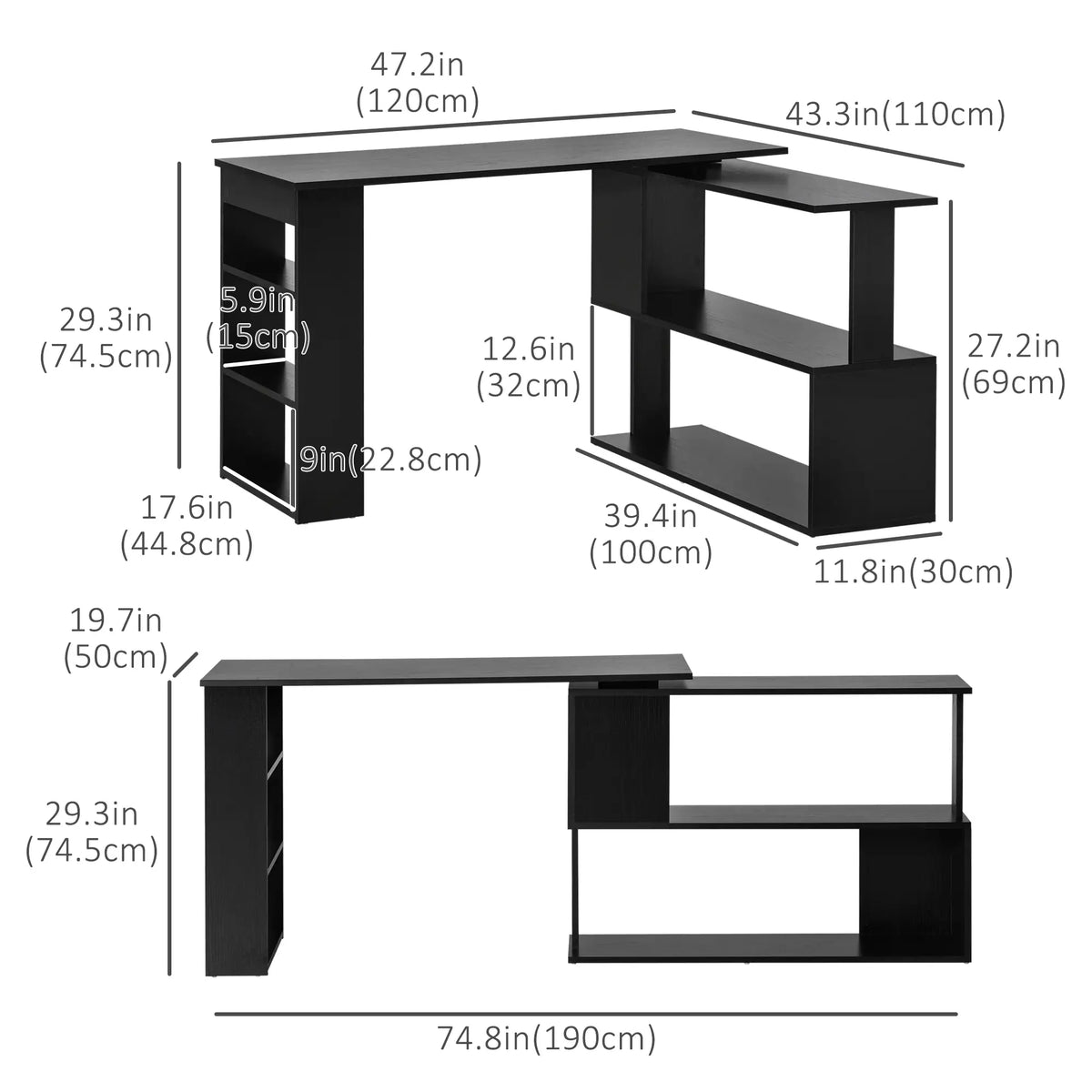 L Shaped Desk, 360° Rotating Corner, Computer Writing Table, Black Writing Desks at Gallery Canada