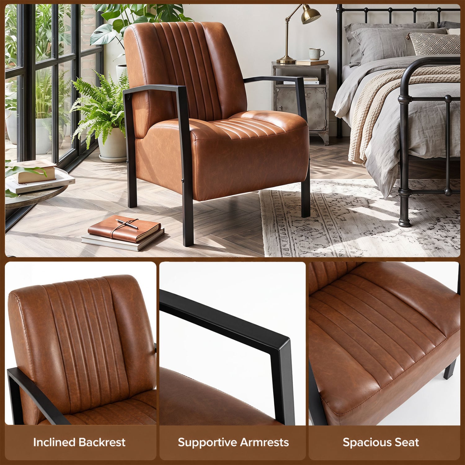 PU Leather Armchair With Padded Seat, Brown Accent Chairs at Gallery Canada