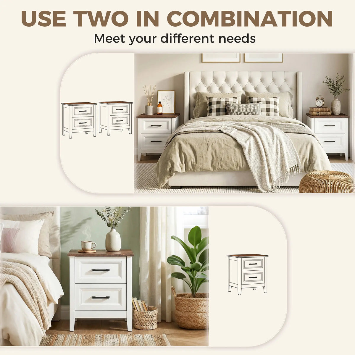 Farmhouse Nightstand Set of 2, 2 Drawers, White Bedside Tables at Gallery Canada