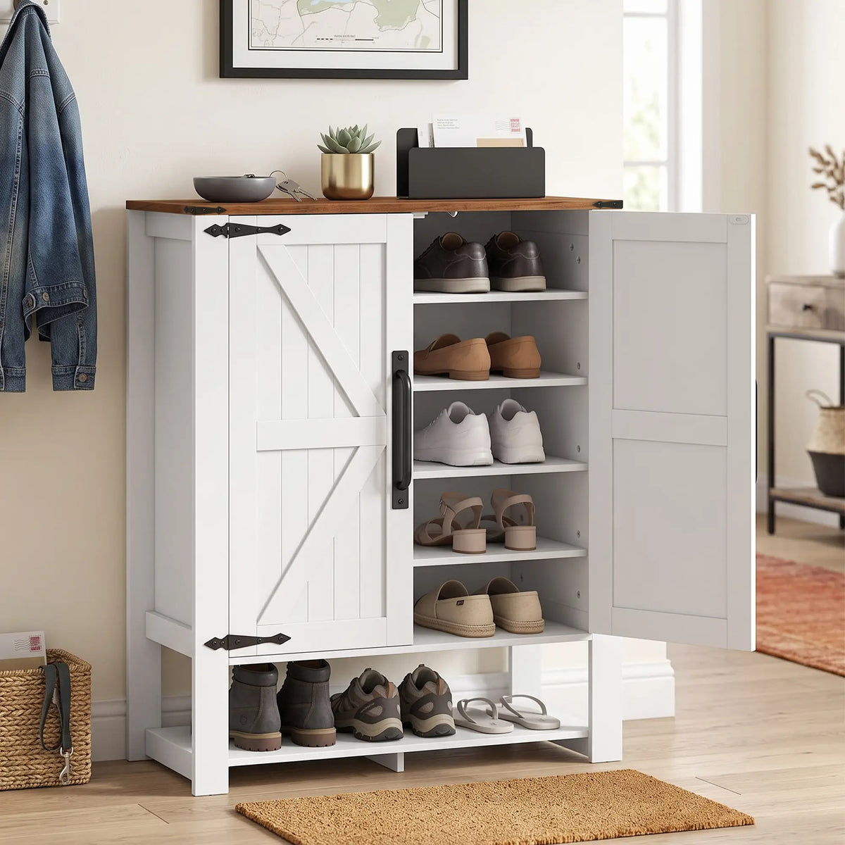 5 Tier Shoe Cabinet, Rustic White, Open Cubby Storage, Rustic White Shoe Storage Cabinets & Racks at Gallery Canada