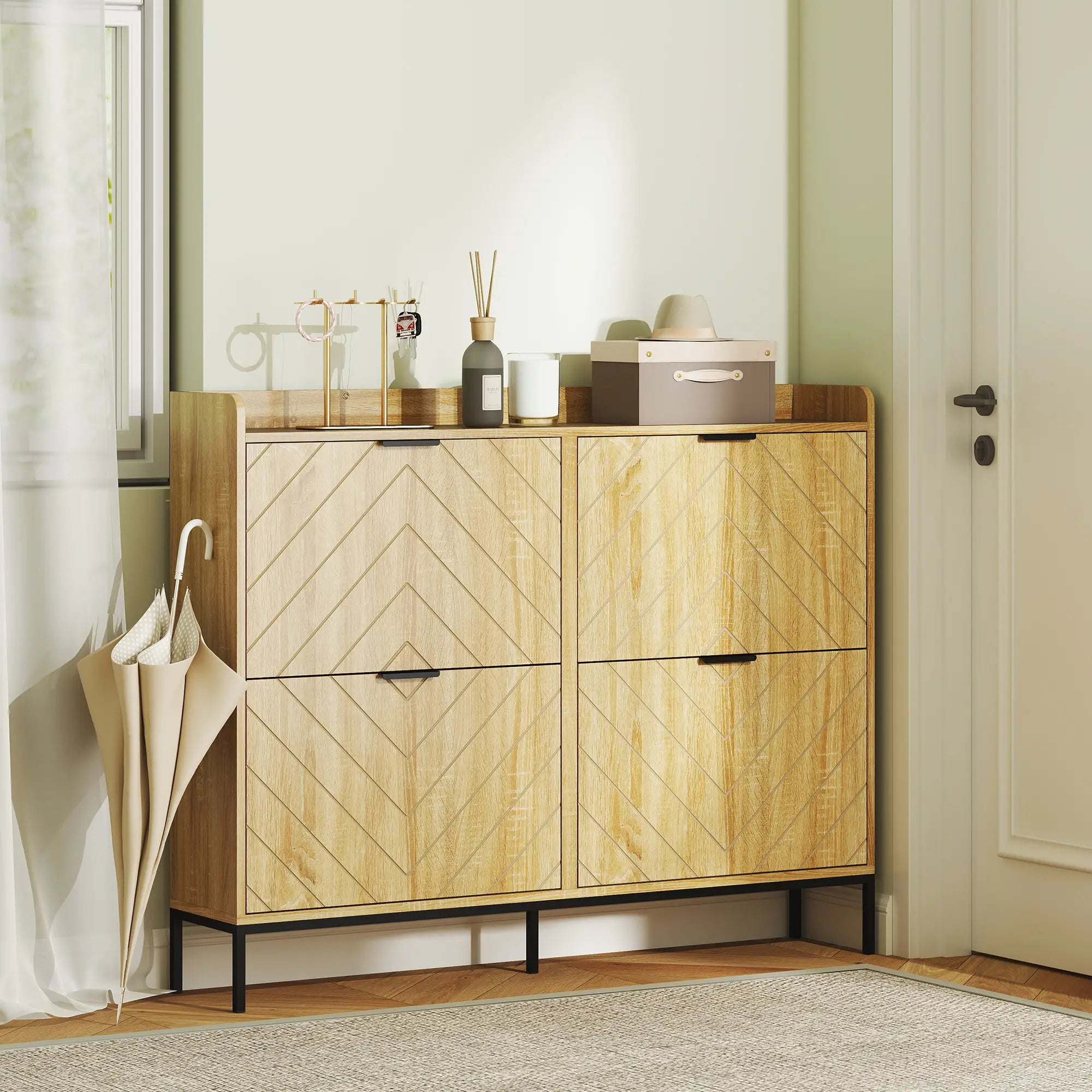 Narrow Shoe Storage Cabinet, 4 Flip Drawers, Holds 16 Pairs, Oak Shoe Storage Cabinets & Racks at Gallery Canada