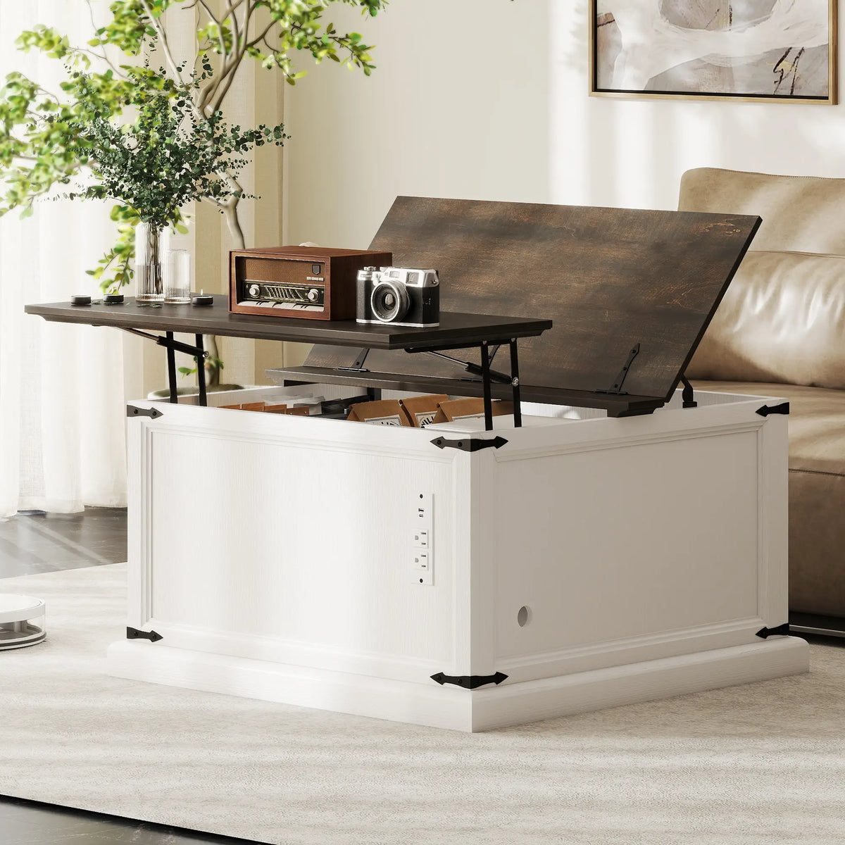 Lift Top Coffee Table, Square Farmhouse Center Table, White Wood Grain, White Coffee Tables at Gallery Canada