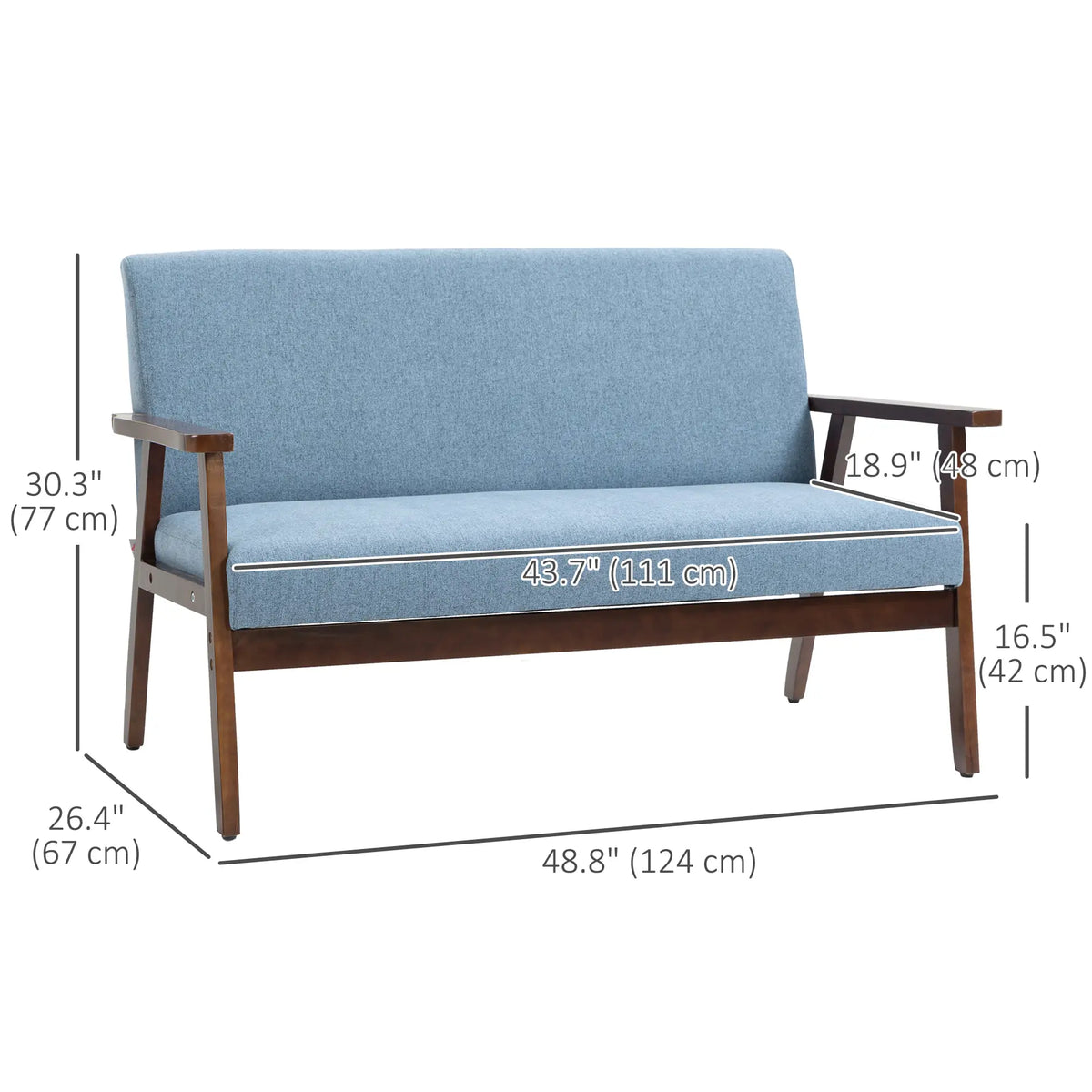 Compact Loveseat Sofa, Linen Fabric, Rubber Wood Legs, Blue