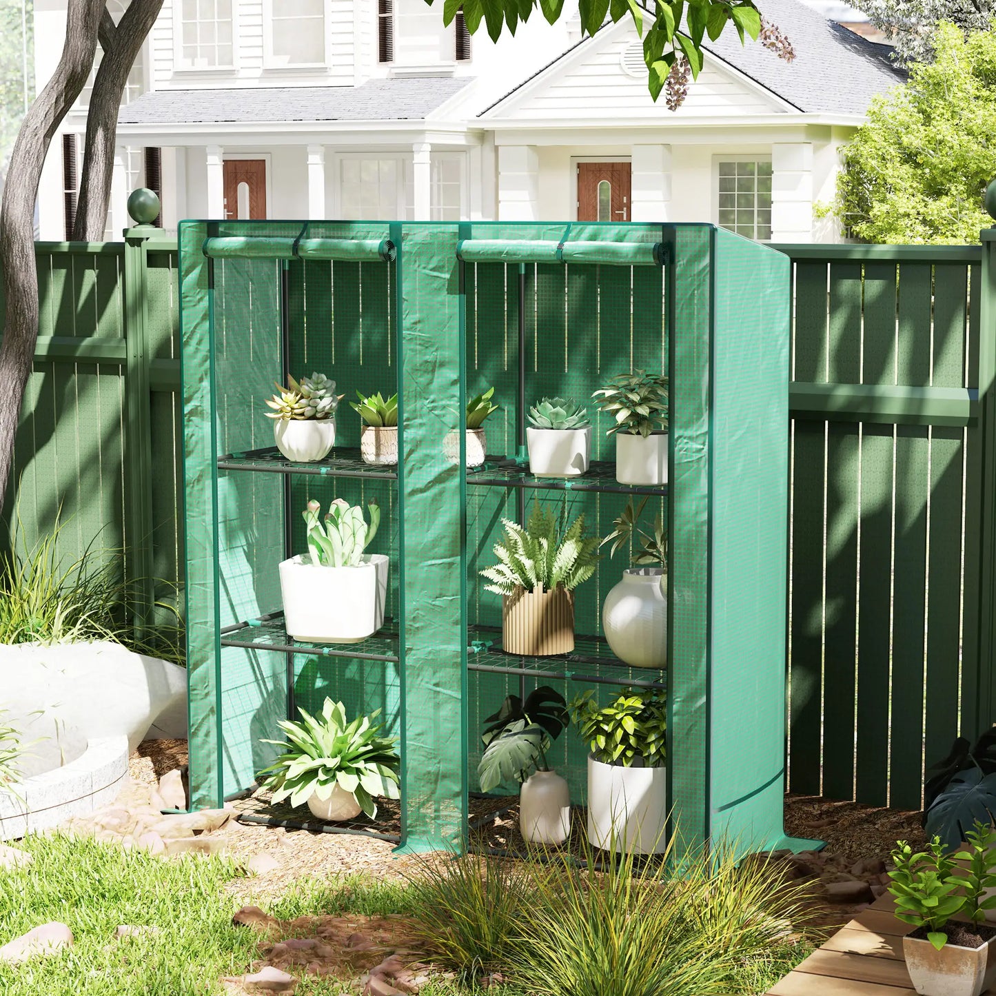 Lean-To Greenhouse, 3 Tier Shelves, 2 Roll-Up Doors, Indoor Outdoor, Green Greenhouses at Gallery Canada