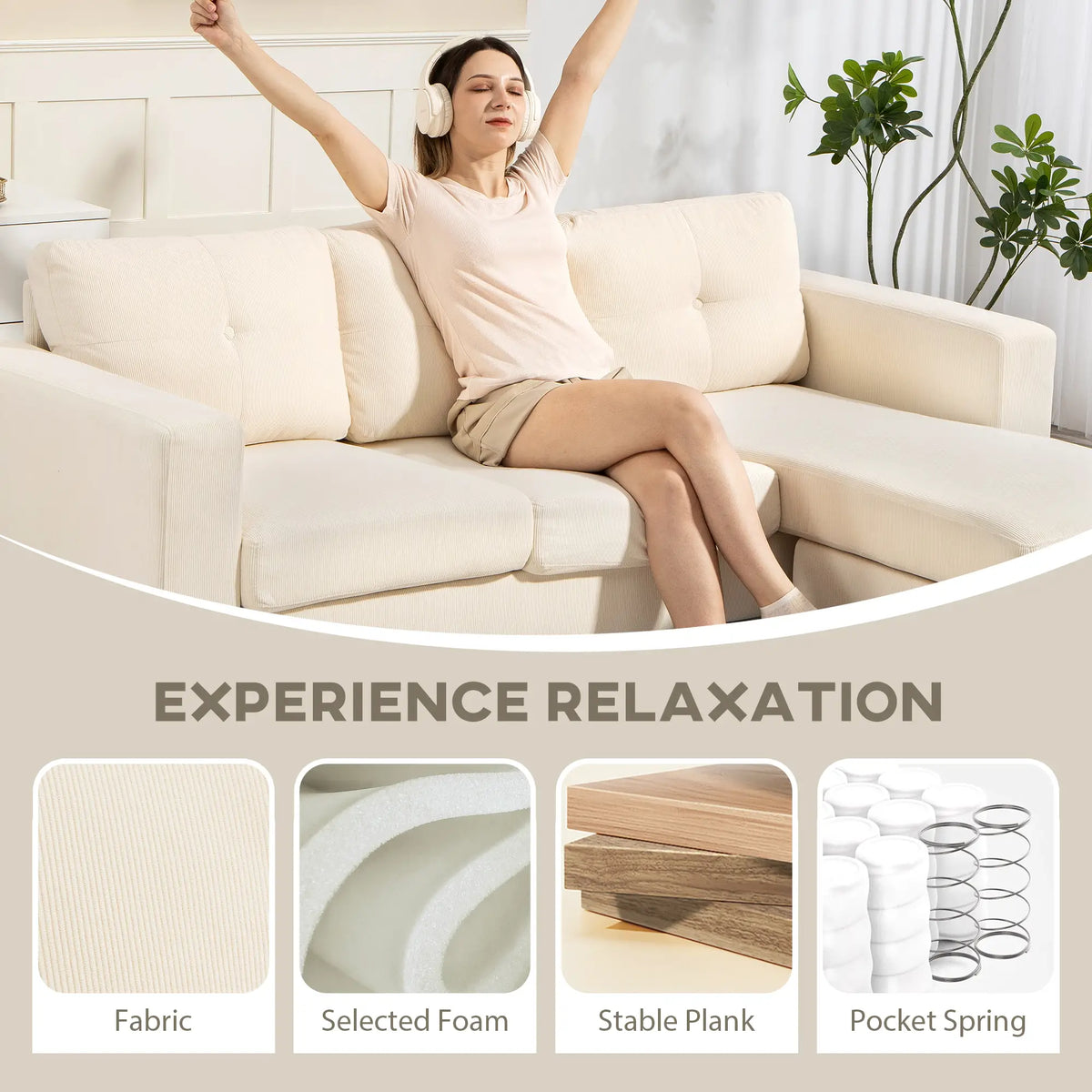 Sectional Sofa with Changeable Chaise, 3 Seat L-Shaped, Cream White 3-Seater Sofas at Gallery Canada