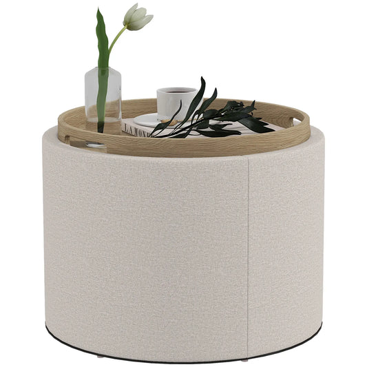 Round Coffee Table with Hidden Storage, Tray Top, Linen Footrest Coffee Tables Cream at Gallery Canada