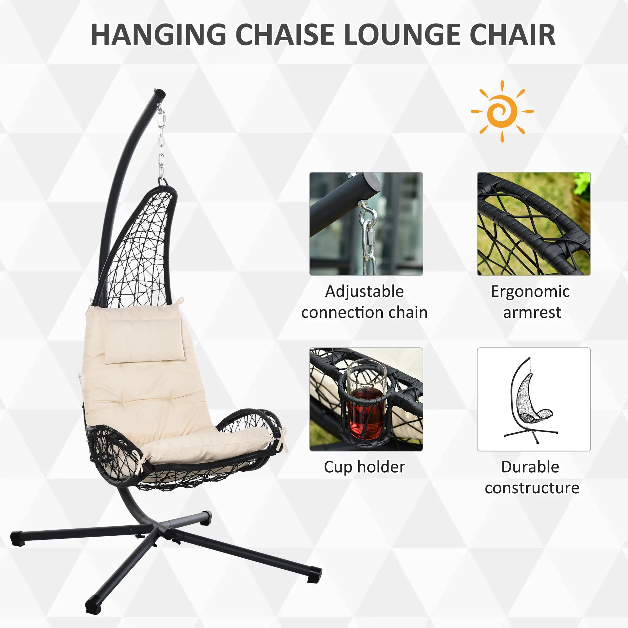 Wicker Hanging Egg Chair with Stand, Cushion, Pillow, Cup Holder, Beige Patio Swings with Stand at Gallery Canada