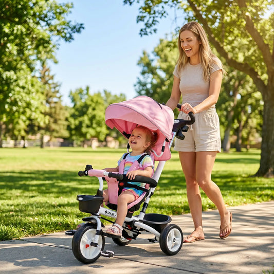 6 in 1 Toddler Tricycle, Parent Push Handle, Canopy, Storage Baskets, Pink Tricycles for Kids Pink, White at Gallery Canada
