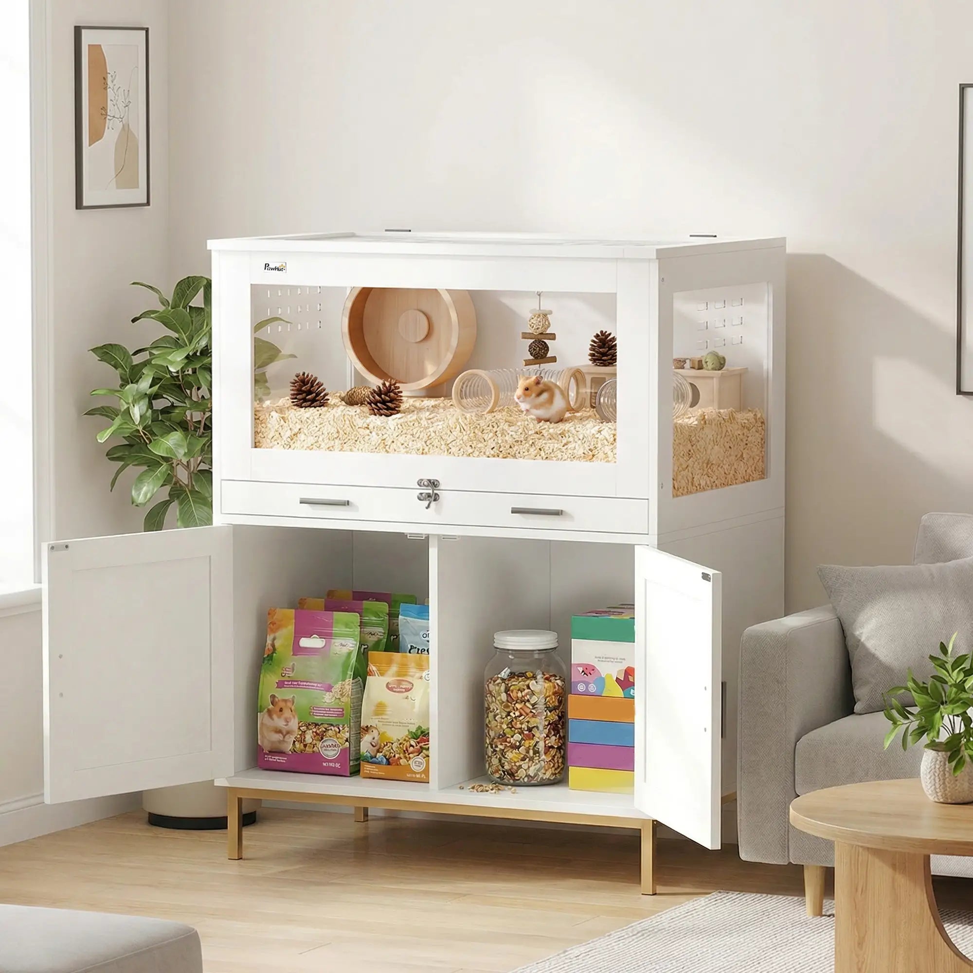 Hamster Cage with Storage Cabinet, Small Animal Cage with Pull Out Drawer and Acrylic Panels, 30