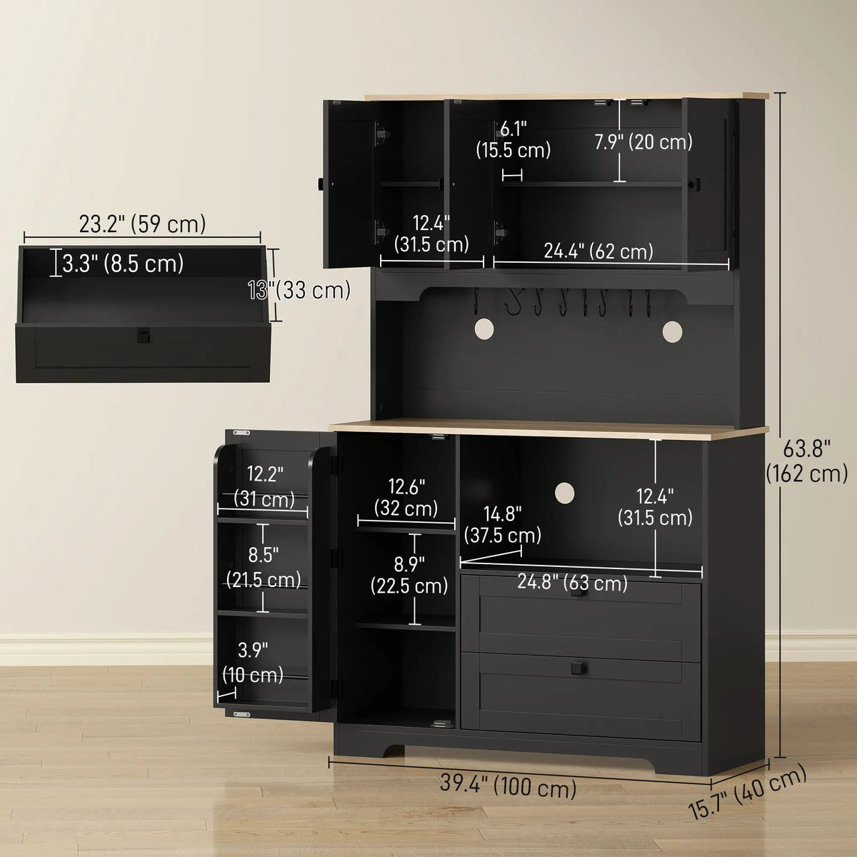 64" Kitchen Pantry Cabinet, 3 Cabinets, 2 Drawers, Adjustable Shelves, Black Kitchen Pantry Cabinets at Gallery Canada