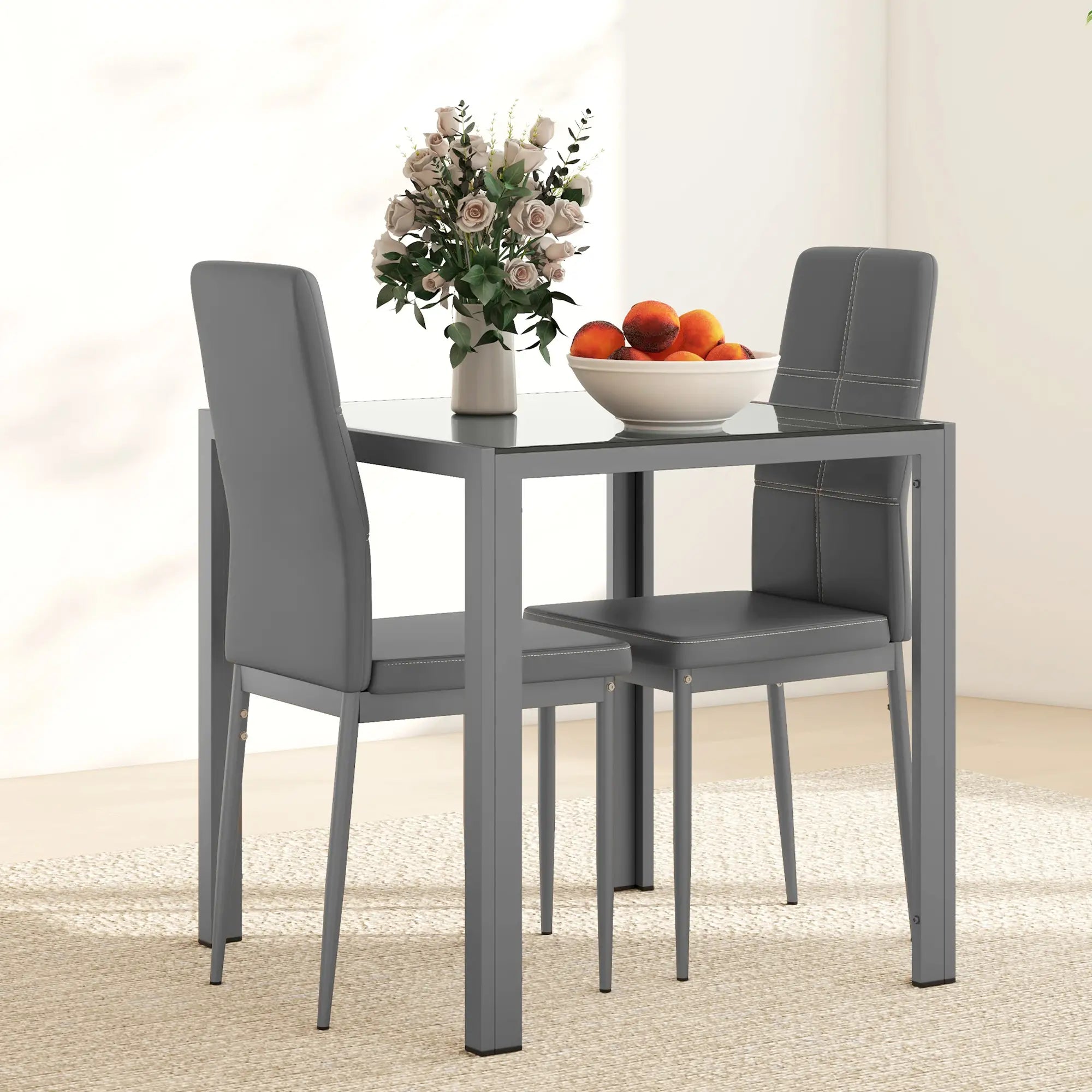 3-Piece Rectangular Glass Dining Table, Metal Frame, Faux Leather Chairs, Grey Bar Sets at Gallery Canada