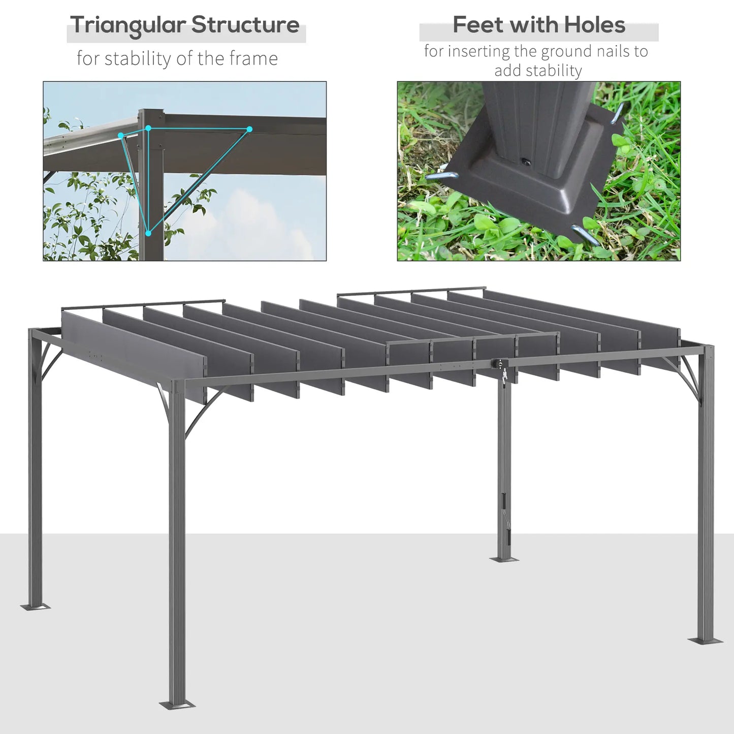 12.8' x 9.7' Outdoor Pergola, Retractable Roof, Aluminium Louvered Canopy, Grey Pergolas at Gallery Canada