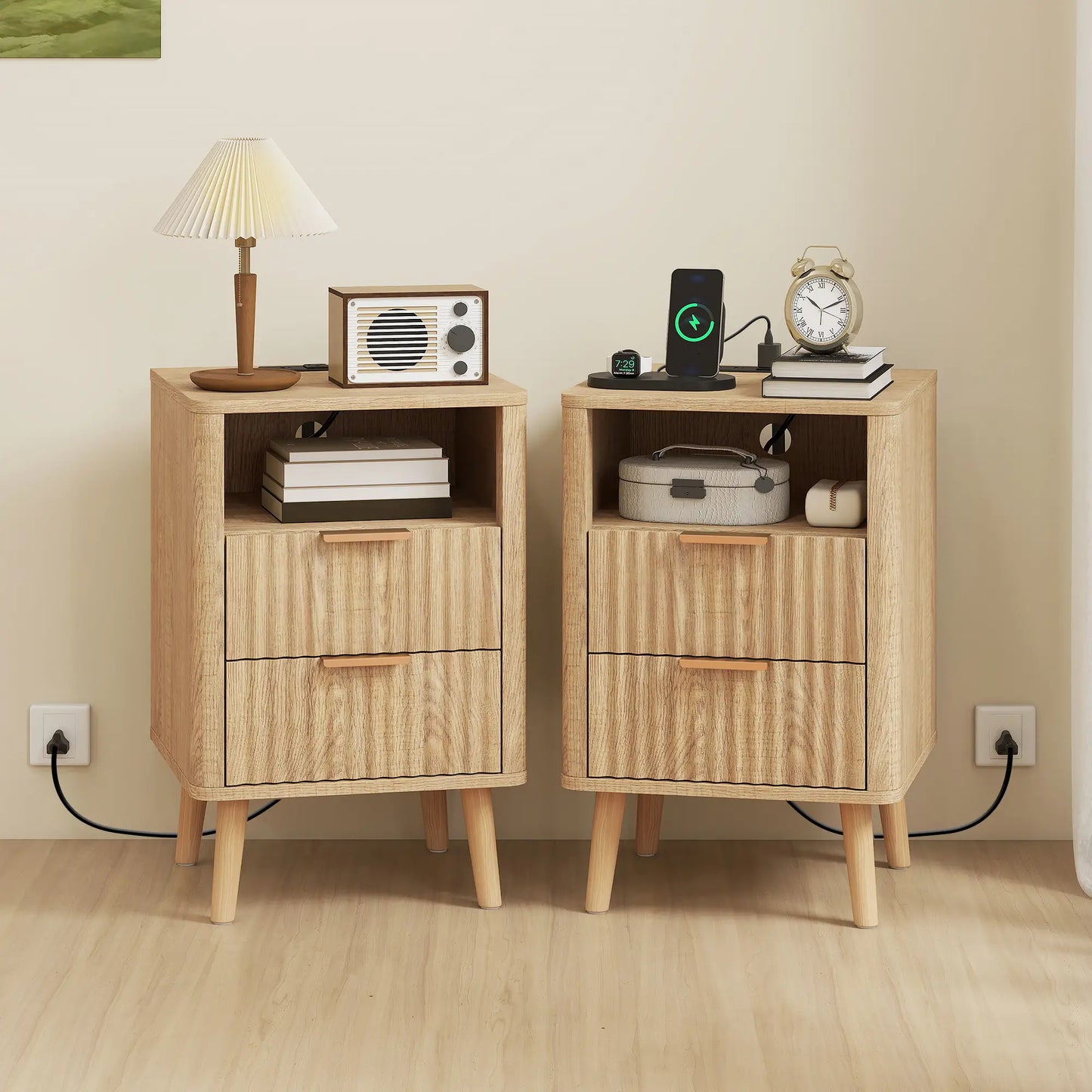 Modern Nightstands Set Of 2, Charging Station, 2 Drawers, Open Shelf, Oak Bedside Tables at Gallery Canada