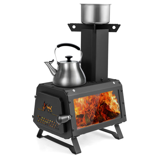 Portable Wood Camping Stove Heater, 2 Cooking Positions, Black Fire Pits Black at Gallery Canada