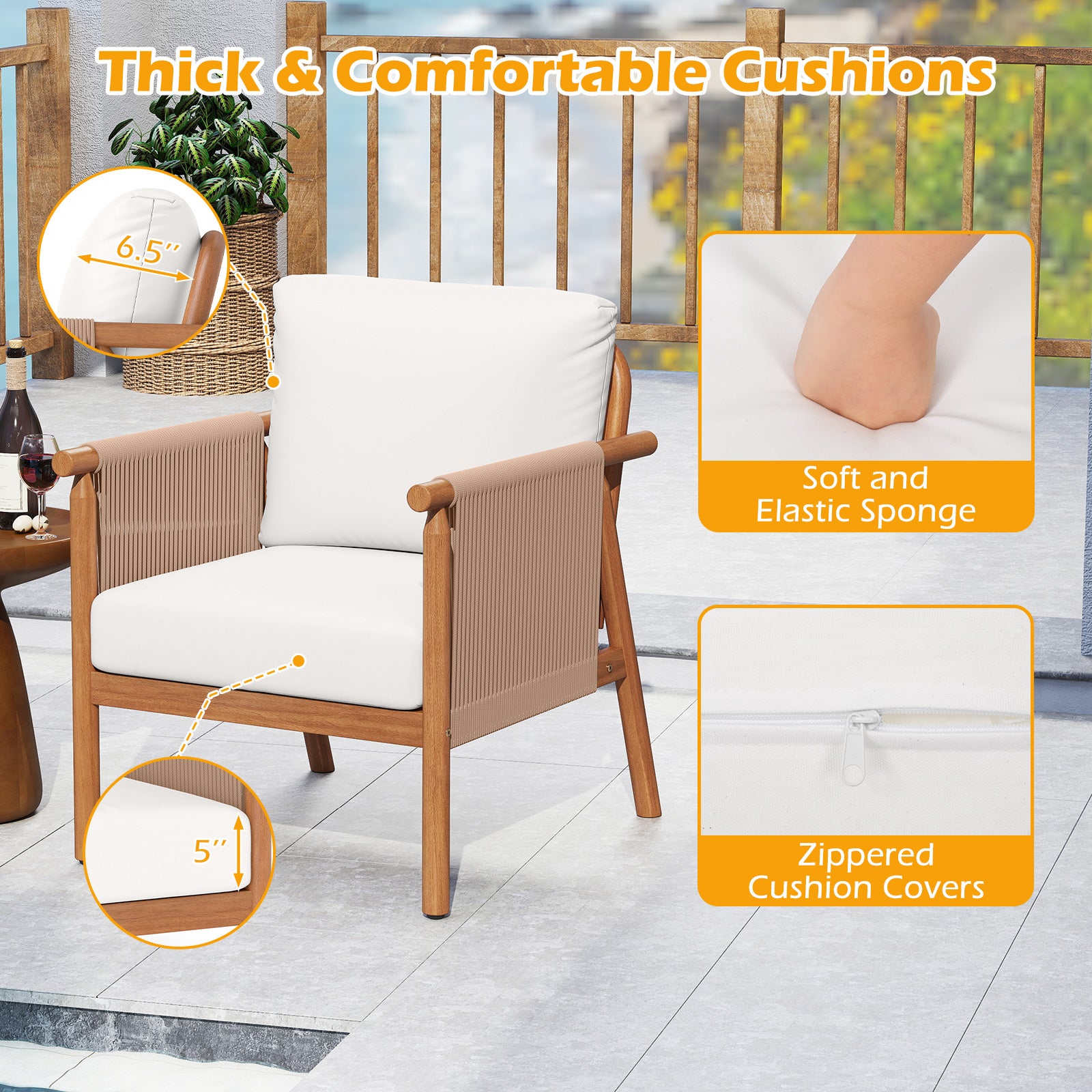 Acacia Wood Chair Set, 4 Piece, With Rope Armrests And Cushions, White Patio Dining Chairs at Gallery Canada