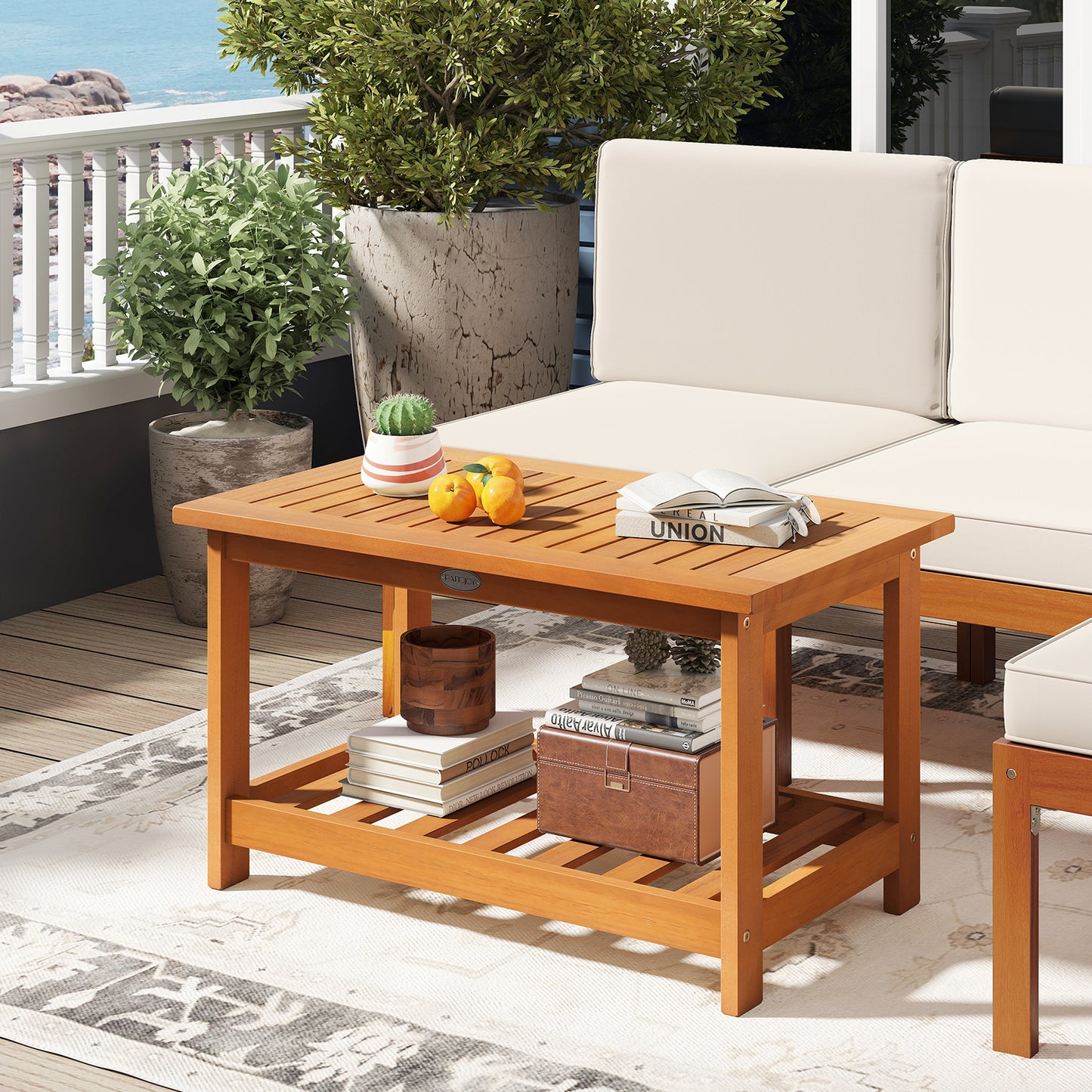 Acacia Wood Coffee Table, 2-Tier Rectangular Center Table, Natural Patio Coffee Tables at Gallery Canada