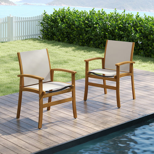 Patio Chairs Set of 2 Acacia Wood Armchairs with Breathable Fabric Back and Seat, Yellow