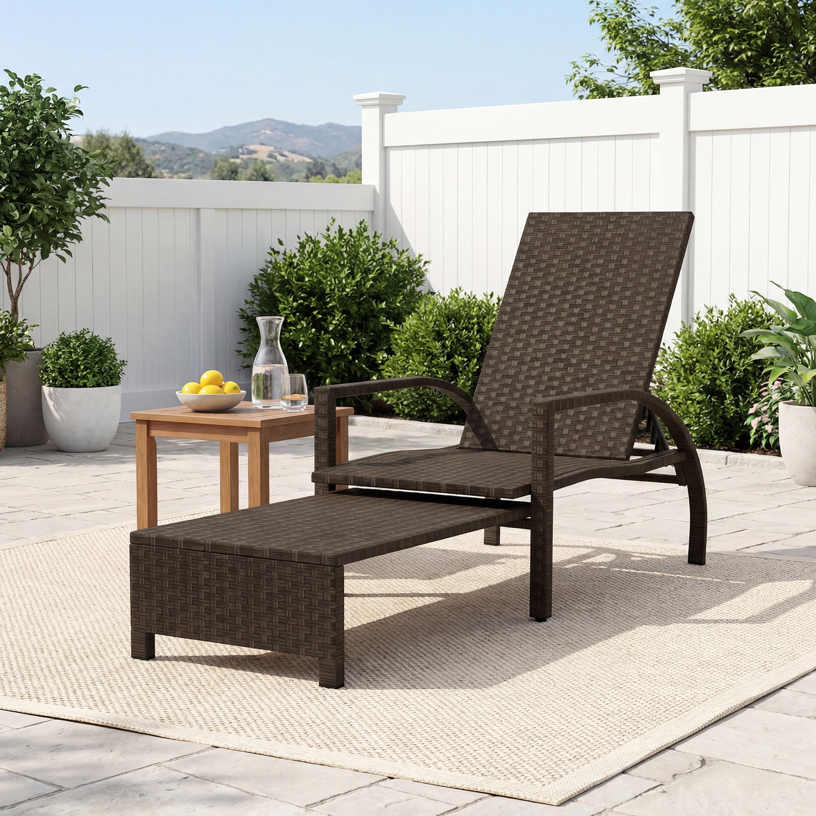 Outdoor Rattan Chaise Lounge With Ottoman, Brown Outdoor Seating & Patio Chairs at Gallery Canada