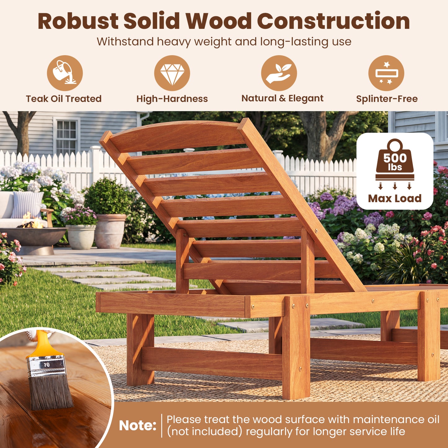 Solid Wood Slatted Chaise Lounge, Adjustable Backrest, Natural Outdoor Chaise Lounges at Gallery Canada
