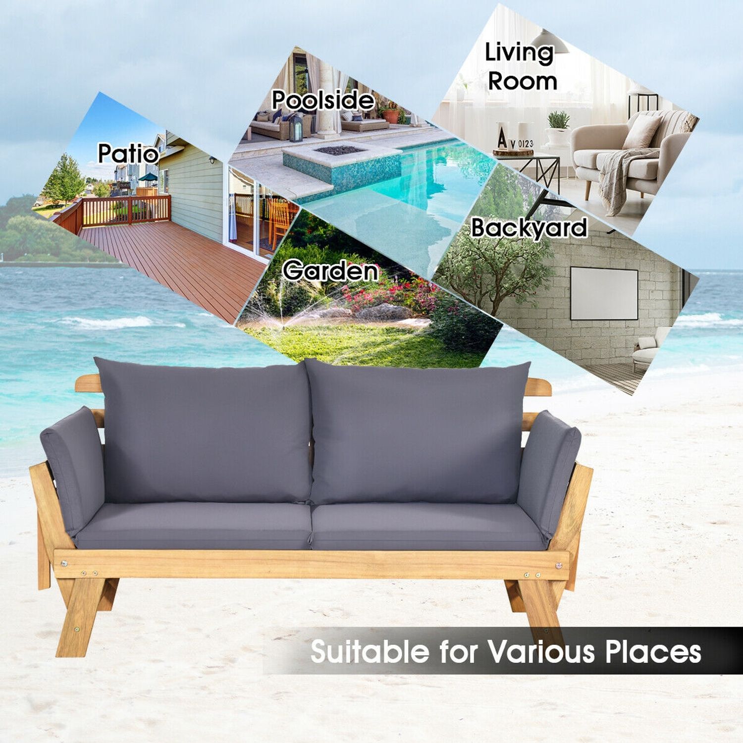 Convertible Solid Wood Patio Sofa with Cushion, Gray Outdoor Benches at Gallery Canada