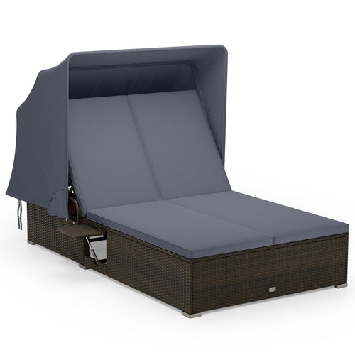 Patio Double Chaise Lounge with Shade Cushions and Folding Side Trays, Gray