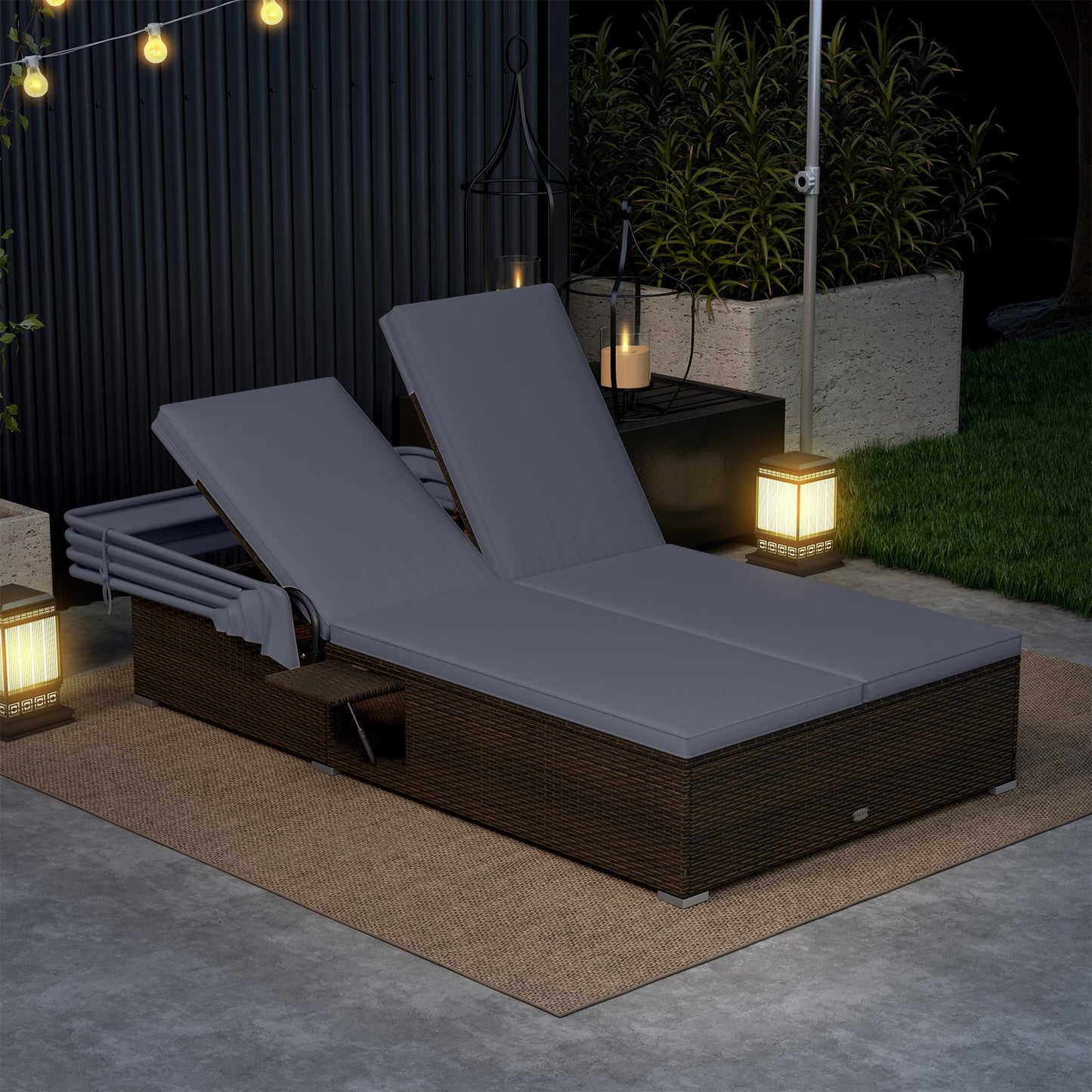 Patio Double Chaise Lounge with Shade Cushions and Folding Side Trays, Gray Outdoor Chaise Lounges at Gallery Canada