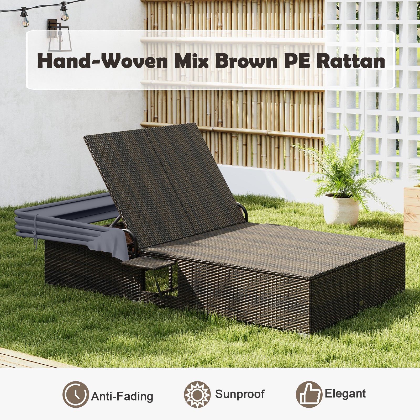 Patio Double Chaise Lounge with Shade Cushions and Folding Side Trays, Gray Outdoor Chaise Lounges at Gallery Canada