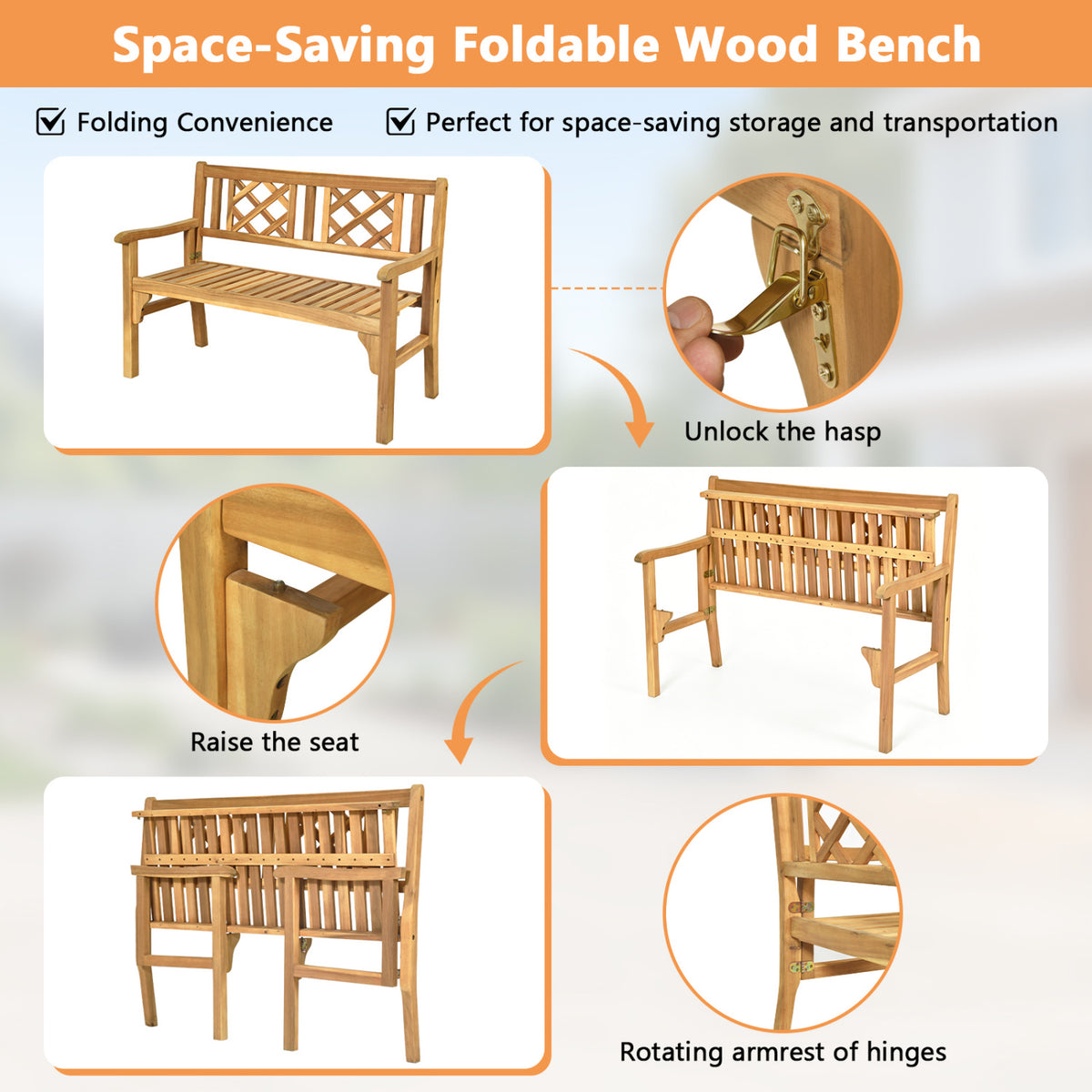 Patio Foldable Bench, Curved Backrest Armrest, Natural Outdoor Benches at Gallery Canada