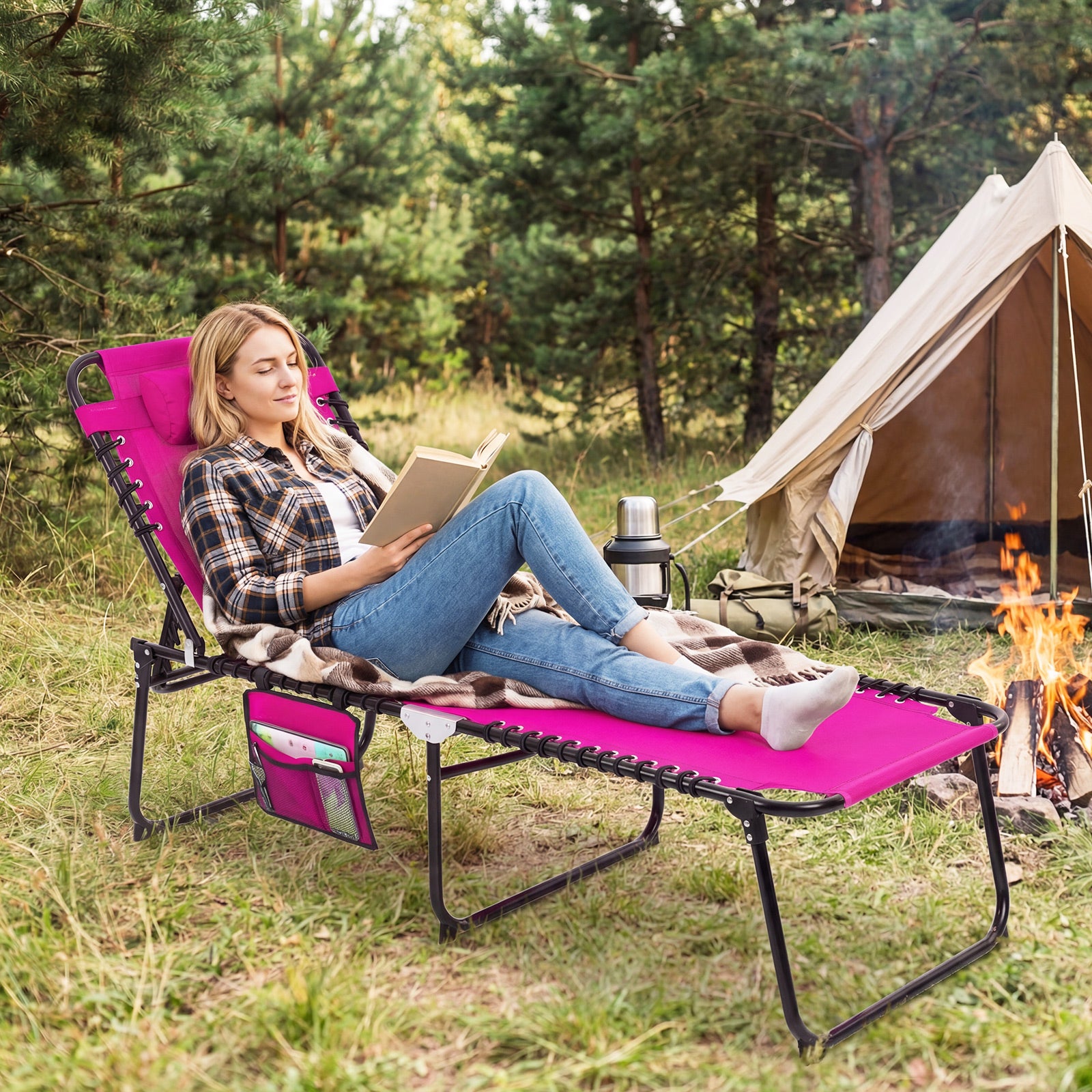 Foldable Recline Lounge Chair, Adjustable Backrest, Footrest, Pink Outdoor Chaise Lounges at Gallery Canada