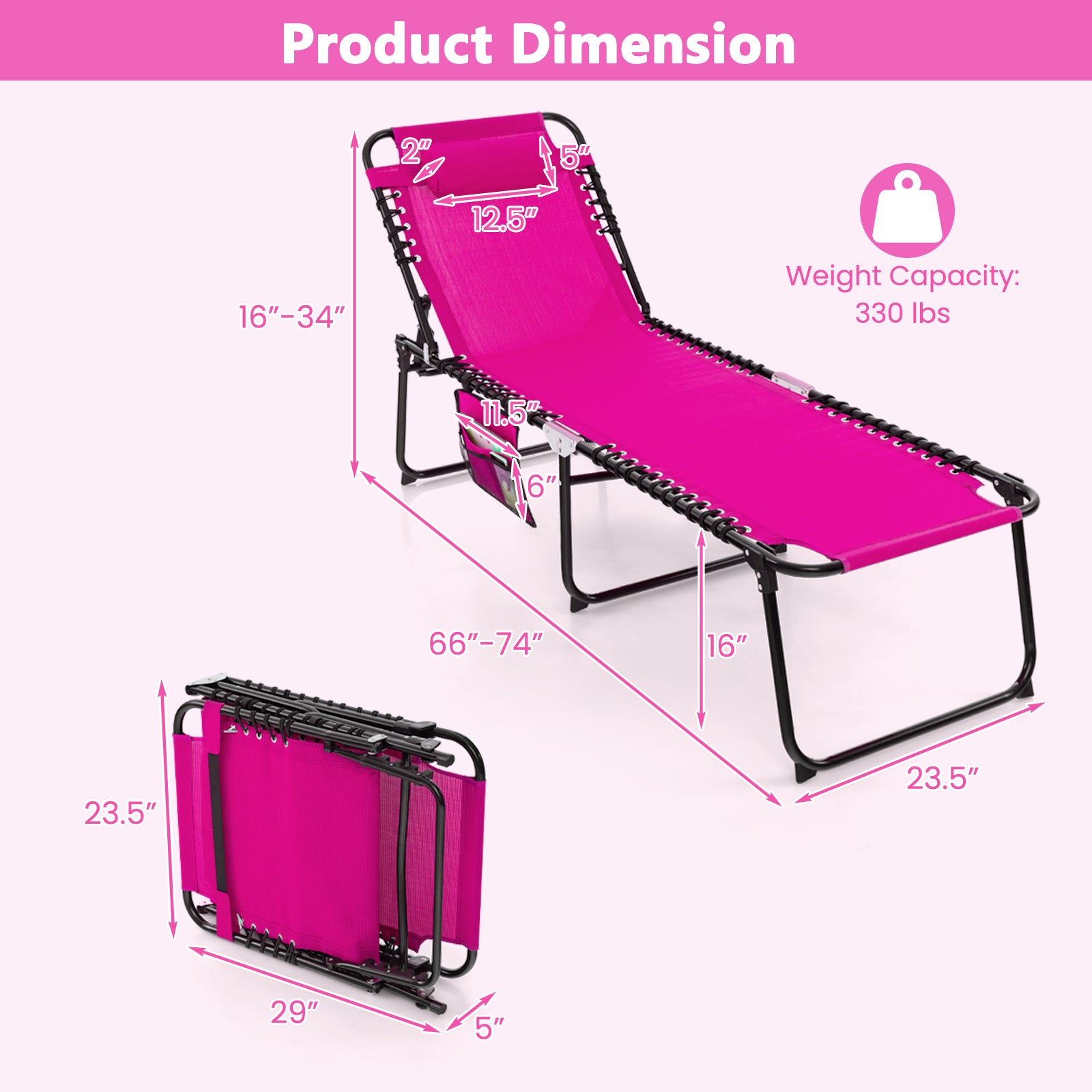 Foldable Recline Lounge Chair, Adjustable Backrest, Footrest, Pink Outdoor Chaise Lounges at Gallery Canada