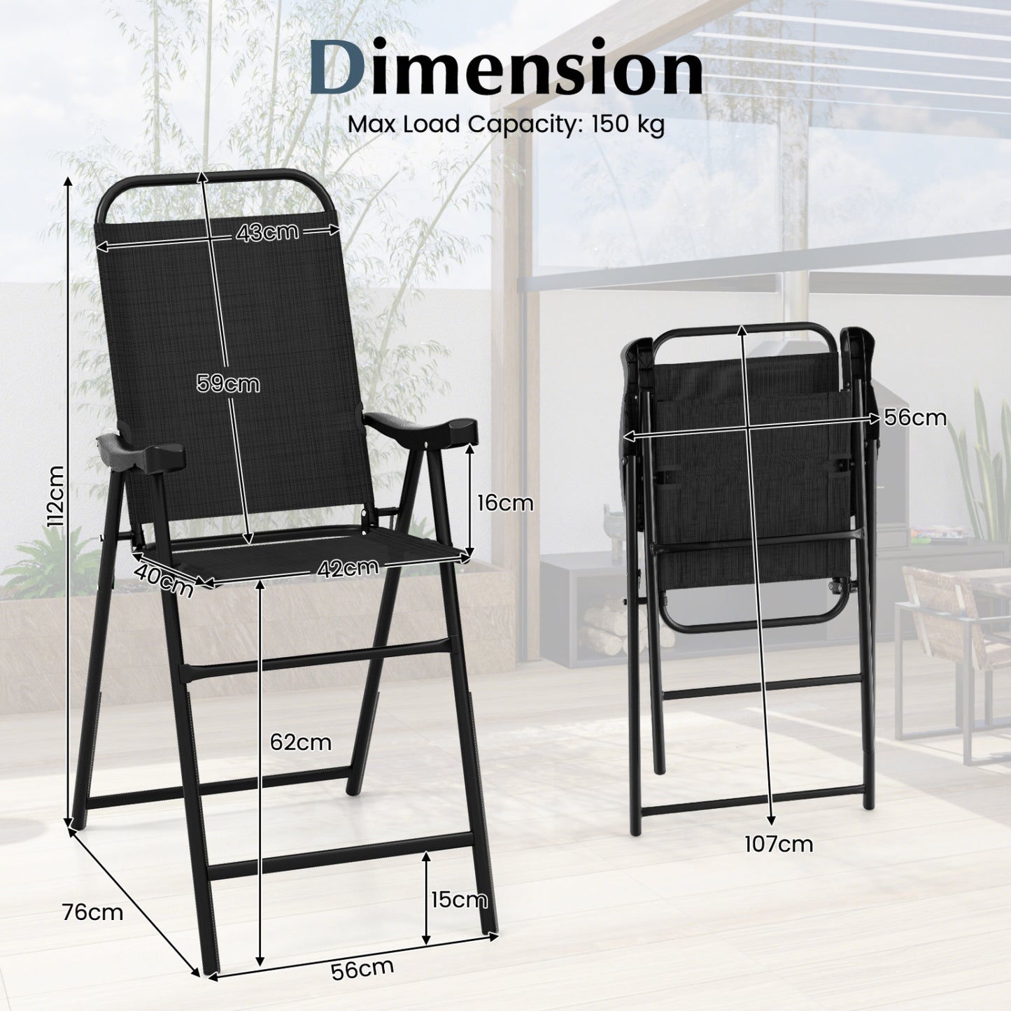 Folding Bar Stool Set of 2, Metal Frame with Footrest, Black
