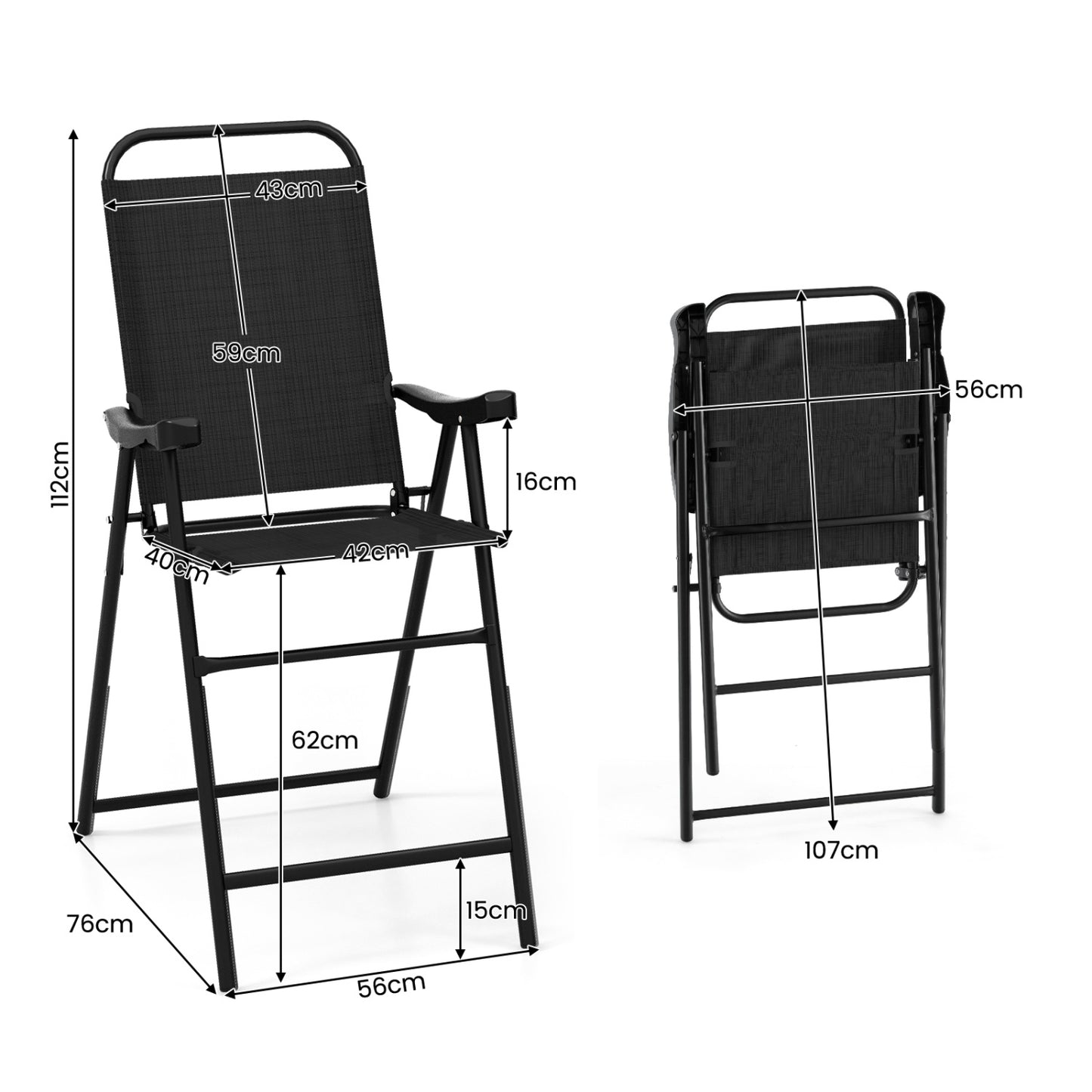 Folding Bar Stool Set of 2, Metal Frame with Footrest, Black