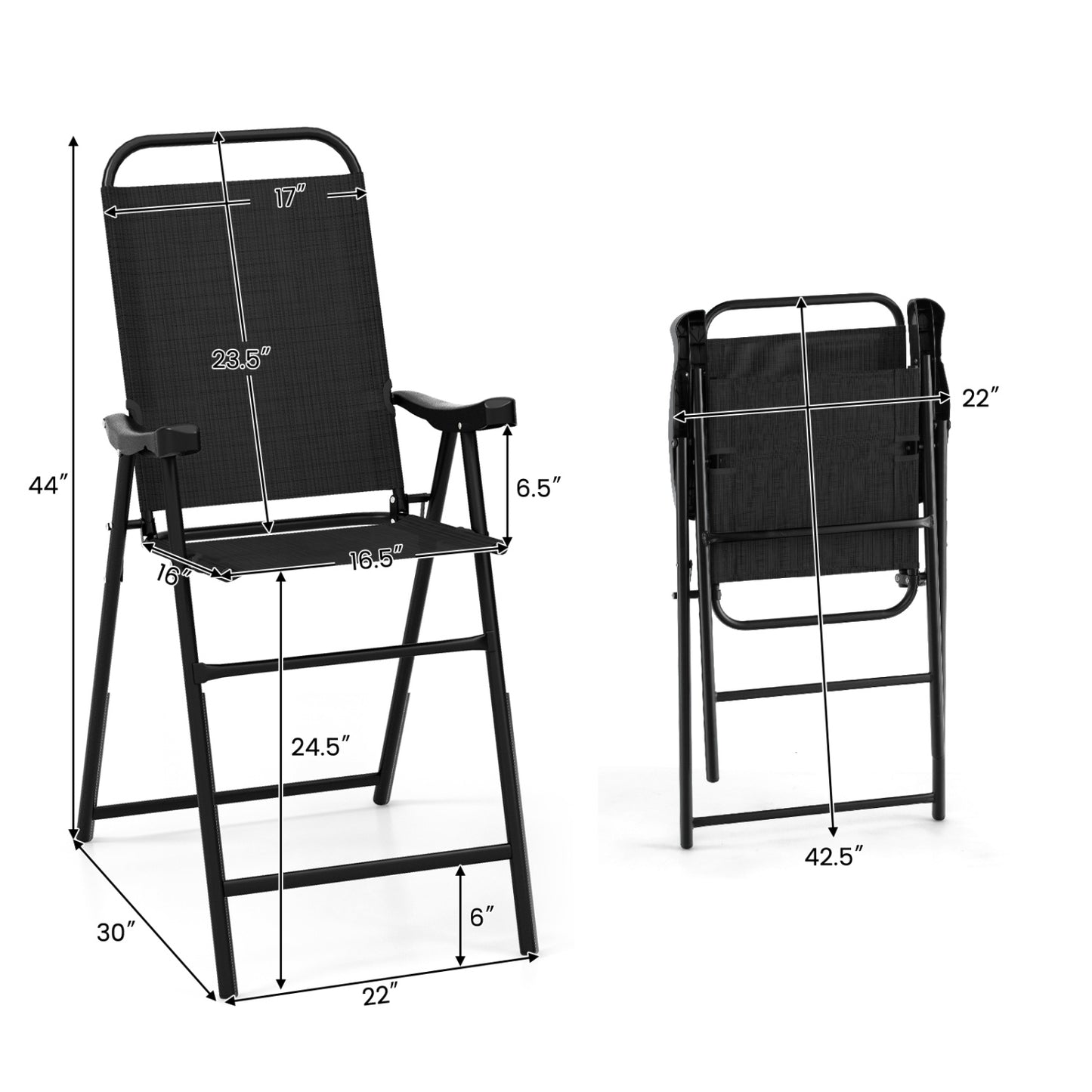 Folding Bar Stool Set of 2, Metal Frame with Footrest, Black
